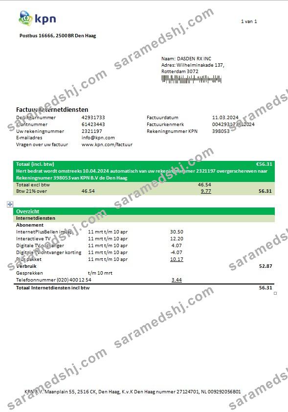 Netherlands KPN business utility bill template in Word and PDF format